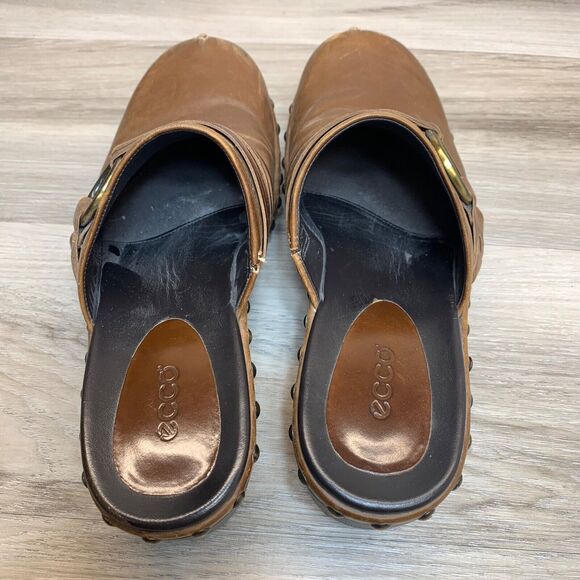 Ecco Leather Studded Slip On Size 6 EU 37 Mules Clogs Chunky Strap Boho Brown - Picture 5 of 14